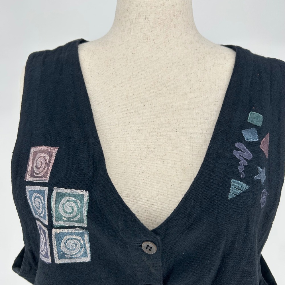 Cotton USA Womens Vest XL Black Hand Painted Art to Wear Boho Eclectic Aesthetic